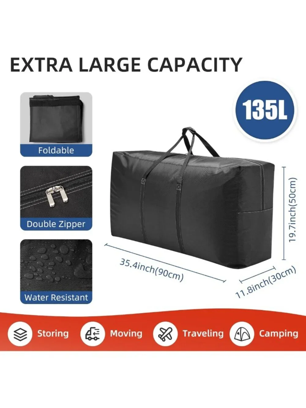 Extra Large Waterproof Travel Duffel Bag with Strong Handles & Durable Zippers
